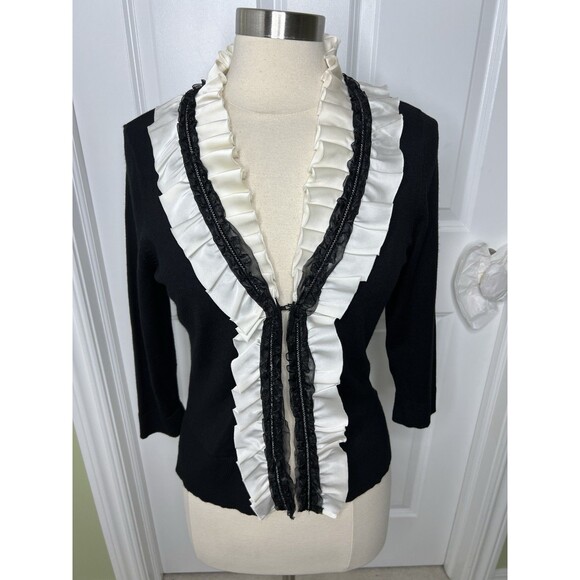 WHBM Knit Cardigan Sweater Statement Piece Ruffle Romantic Sz M Academia Career - Picture 1 of 12